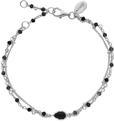 ORUS BIJOUX - Armband aus rhodiniertem Silber, doppelte Kette, Tropfen und schwarze Spinellsteine – Größe: 38 cm und 5 cm, Sterling-Silber, Spinell, schwarz