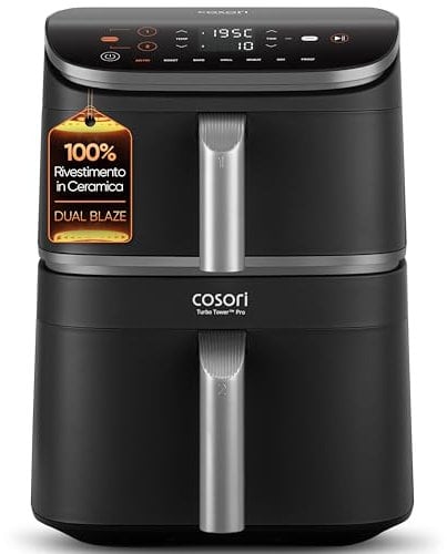 COSORI Turbo Tower Pro Friggitrice ad Aria 10,8L con Rivestimento Ceramico, Cottura a 3 Livelli con Doppio Riscaldamento, 2630W, 7 Funzioni in 1, 2 Motori DC, 50+ Ricette Online Complete, CAF-DC112