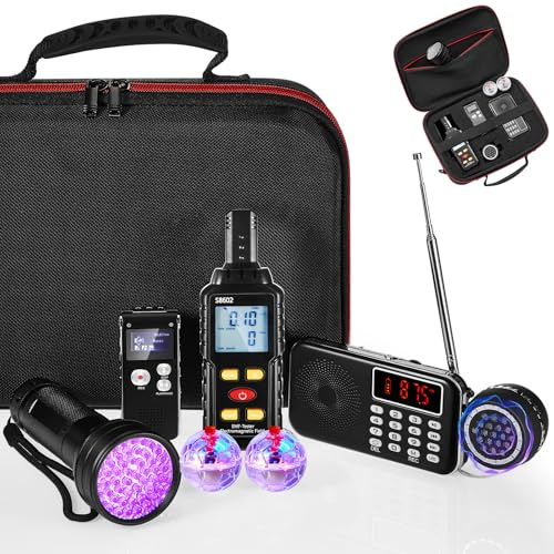 Dunzy 8-teiliges Geisterjagdausrüstungs-Set, enthält 1 Emf-Meter, 1 EVP-Diktiergerät, 1 Geisterjagd-Forschungskoffer, 1 Taschenlampe, 1 Lautsprecher, 2 bewegliche Katzenbälle, 1 Radio (EMF-Meter 3