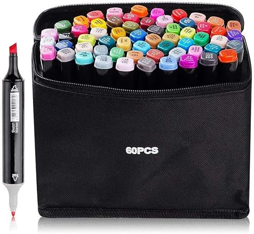 Vallteng Marker Set 60 Colors, Colouring Pens, Alcohol Markers, Double Tipped Graphic Art Pens for Adults, Permanent Markers Pens for Drawing, Sketching, Anime and Manga with Black Box and Case
