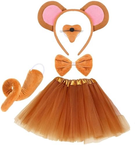 5 Pcs Mouse Costume Set for Kids Adult, Brown Mouse Costume Headband Nose Tail Bow Tie and Tutu Skirt, Animal Costume Kit Accessories for Carnival Halloween Celebration World Book Day Fancy Dress Up