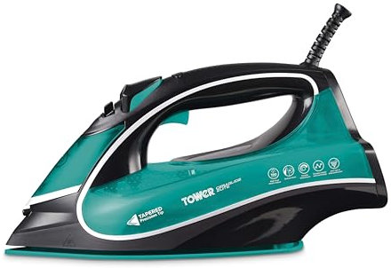 Tower T22026TL Ceraglide One Temperature Steam Iron with Ceramic Soleplate, Anti-Calc and Anti-Drip Function, 3100W, Black & Teal