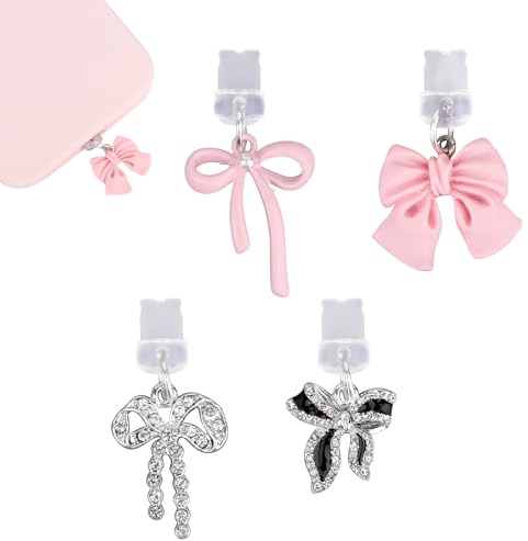 Penitue 4pcs Phone Dust Plug Charms, Creative Charging Port Dust Plug Cover Protector Caps Charm for iPhone 4-14 Series Ports Practical and Stylish Phone Accessories (Bow Style)
