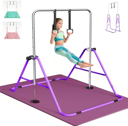 FBSPORT Gymnastikstange Kinder mit Matte, Reckstange Outdoor Indoor mit Einstellbarer Höhe und Turnringen, Faltbare Stabile Gymnastics Bars Turnstange für Zuhause und Garten Training