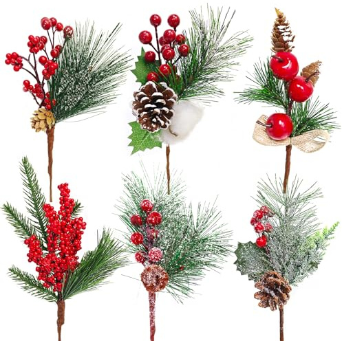 Morofme Künstliche Tannenzweige mit Rote Beeren Deko 6 Stück, Weihnachtszweige mit Tannenzapfen, Baumwolle, Blättern, Kirsche für DIY Weihnachtsgirlande, Weihnachtsbaum Deko