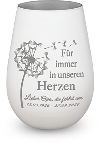 Trauerlicht personalisiert Gravur Name Datum Gedenklicht Pusteblume Weiß | Windlicht, Erinnerung, Teelichtglas, Grablicht, Kistallglas mit Personalisierung, würdevolles Andenken, Trauergeschenk