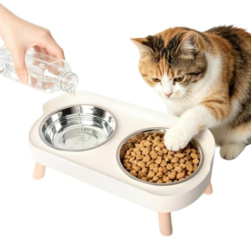 Stainless Steel Raised Cat Food Bowl with Anti-Slip Base | White, Two Separate Trays for Wet and Dry Food, Splash-Proof Edge, Easy Clean, Removable, for Kittens, Puppies, Small Animals