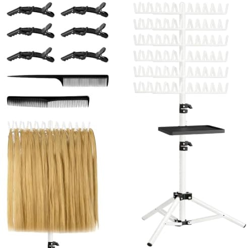 Soporte para extensiones de cabello, 144 clavijas, con bandeja y pinzas | blanco, Regulable y plegable; para salón y uso doméstico.