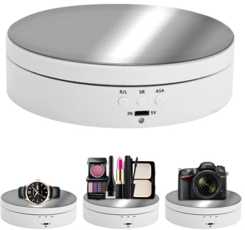 JASOLYI 360° Rotating Display Stand, Automatic Mute Rotating Turntable 13.8cm Angle and Direction Adjustable Turntable for Theme Exhibition, Window Display, Product Display(white,mirror)