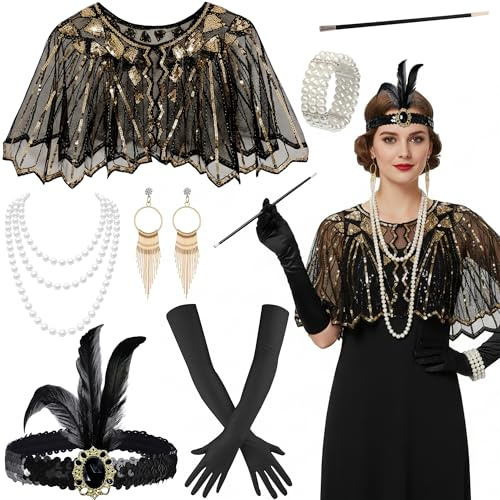 Xietaea 9-teiliges 20er Jahre Accessoires Damen - 1920er Flapper Great Gatsby Set Stirnband Handschuhe Halskette Ohrringe, Charleston 1920s Zubehör Karneval Vintage Party Halloween
