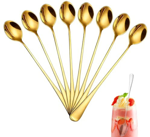 8 Stück Latte Macchiato Löffel 20 cm Edelstahl spülmaschinenfest Gold | Edelstahl Material, spülmaschinengeeignet, rostfrei, lange Form, geeignet für Kaffee, Dessert, Eisbecher, Milchshake