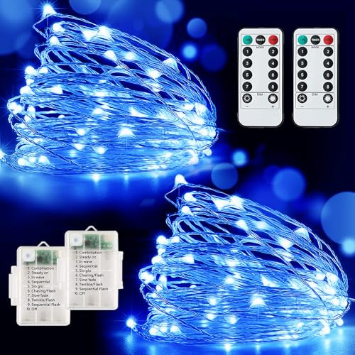 Knayis 2 Pack 12M/40FT 120LED Fairy Lights Battery Operated Waterproof,Blue | 8 Modes Indoor/Outdoor Battery Fairy Lights with Remote,Copper Wire String Lights for Bedroom,Wedding,Party,Christmas Decor