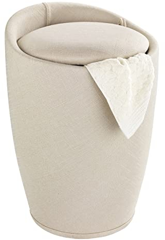 WENKO Badhocker Mod. Candy Leinen Optik Beige, Hocker mit Stauraum für das Badezimmer und Wohnzimmer, integrierter Wäschesammler, ABS-Kunststoff, BPA-frei, Fassungsvermögen 20 L, Ø 36 x 50,5 cm