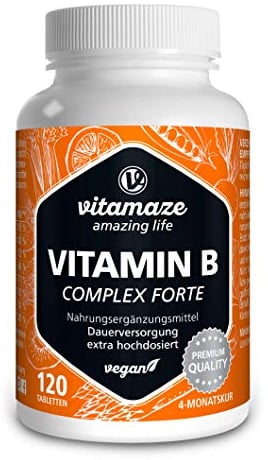 Vitamaze® Vitamina B Complex Forte +140 Mg de Tutte le Vitamine Gruppo B, 120 compresse per 4 mesi de Vitamina B1, Vitamina B3, Vitamina B6, Biotina, Vitamina B12 y Acido Folico, Qualità Tedesca.…