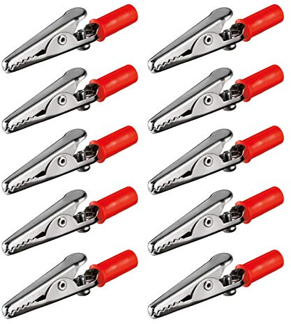 10x Krokodilklemme | Rot | 55 mm | mit Schraube | Metall Klemmen Kunststoff Griff | Bananenstecker Abgreifklemme Clips Alligator | 10 Stück