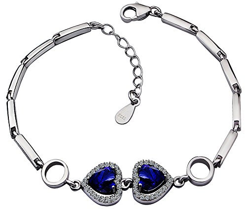 Meyiert Women Double Heart Bracelet 925 Sterling Silver Cubic Zirconia Lobster Clasp 19cm. (Blue)