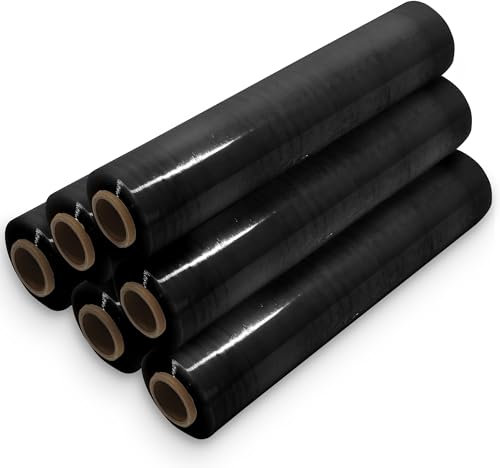 Waytex lOT de 6 Rouleaux de Film Noir 500mm x 250m, épaisseur 25 microns, Etirable 150 à 200%, pour, palettes, carton, emballage, Rouleau 3,2 Kg,
