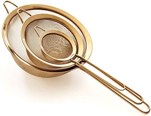 Proto Future Hochwertiges Küchensieb Set, Feinmaschig - 8.5/14/20cm - Premium 304 Edelstahl - Langlebige Siebe in Goldener Farbe, Sieb Set für die Küche