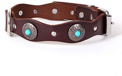 Egurs Luxury Echtes Leder Hundehalsband Handmade Vintage Waveform mit Türkis Hundehalsband für mittlere und große Hunde M