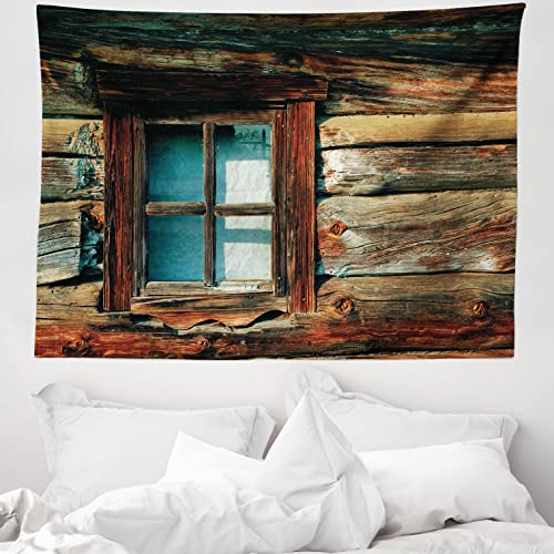 ABAKUHAUS Landschaft Wandteppich, Holz-Muster-Fenster aus Weiches Mikrofaser Stoff Waschbar ohne Verblassen Digitaldruck, 150 x 110 cm, Blau