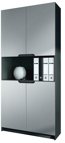 Vladon Büroschrank Logan V2, Made in Germany, Aktenschrank mit 5 Fächern und 4 Türen, Schwarz matt/Hellgrau seidenmatt (82 x 184 x 37 cm)