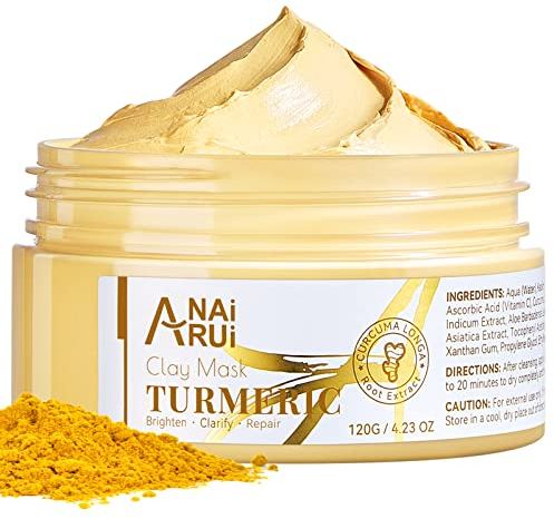ANAiRUi Masque visage au curcuma, vitamine C et argile kaolin pour la réduction de l'acné, du mélasma et des rides – Nettoie, détoxifie, resserre les pores et nourrit la peau, 120g, Hydratant