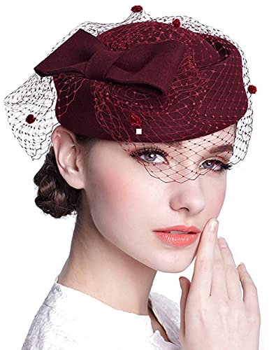 ORIDOOR Damen-Fascinator, britischer Stil, Kirche, Derby, Hochzeit, Winter, Vintage-Fascinator, Baskenmütze aus 100 % Wollfilz, Schleier, 01a-weinrot, Einheitsgröße