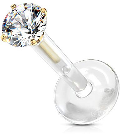 Tata Gisèle Piercing Labret Monroe en Acier Chirurgical 316L, Bio Flex et Oxyde de Zirconium - Zircon Rond Serti sur Tige d'acier à Pousser sur Une Base Bio Flex - (Transparent/Or Doré, 6)