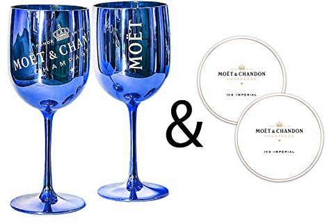 Moët & Chandon Ice Impérial Champagner & Prosecco Acryl Gläser Becher mit einem Set Papieruntersetzer blau x2