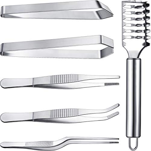 6 Pezzi Set Pinzette Pesce Lisca Include Pinzette in Acciaio Raschiatore per Squame di Pesce Rimuove in Piano e Pinze Inclinate per Utensili da Cucina Chef, Frutti di Mare, Strumenti di Bellezza