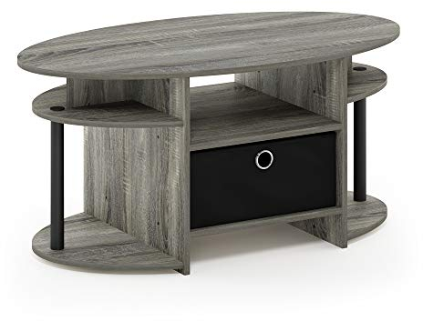 Furinno JAYA Ovaler Couchtisch mit schlichtem Design und Abfalleimer, Französische Eiche/Schwarz/Schwarz