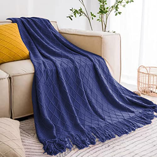 inhand Navy Blue Throw Blanket for Couch and Bed, Soft Living Room Home Decor Knitted Blanket with Tassel, Outdoor Lightweight Breathable Summer Blanket, Farmhouse Warm Woven Decorative, 50x60