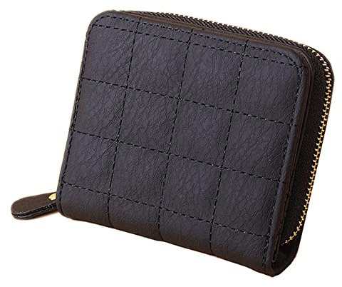 Damen Besticktes Plaid Weichem PU Leder Portemonnaie,Kleine Geldbörse,Kurzformat Geldbeutel für Frauen Brieftasche mit Reißverschluss,Women 2 mal falten handtasche,Geldbörse viele fächer (Schwarz)