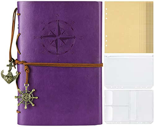 Leder Notizbuch, Vintage-Skizzenbuch, nachfüllbares Tagebuch, Leere Seiten, Ordnertaschen, Reisetagebuch Geschenke für Erwachsene, Mädchen, Jungen, A5, Violett