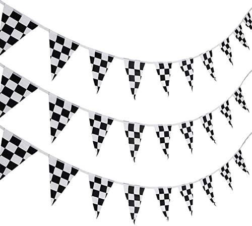 Checkered Pennant Banner Racing Flags Banner 32ft Race Bunting Party Accessory for Race Themed Party, Sport Event, Festivals Racetrack Decoration, 28pcs Black And White Bunting