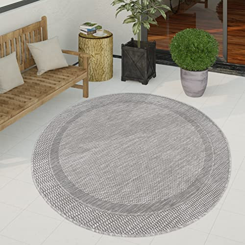 Paco Home Outdoor Teppich wetterfest & pflegeleicht Flachgewebe in Sisal-Optik mit Bordüre UV-beständig Modern für Balkon, Terrasse, Garten, Wohnzimmer, Grösse:200 cm Rund, Farbe:Grau 2