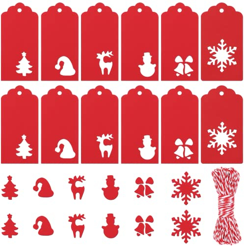 120 Stück Weihnachts Geschenkanhänger Weihnachten Etiketten aus Kraftpapier mit Seil,handgemachte DIY Christbaumschmuck Ornamente (Rot)