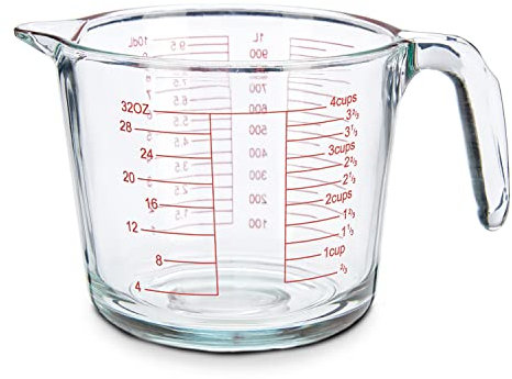 TIENDA EURASIA - Jarra Medidora de Cristal, Jarra Medidora con 4 Escalas distintas, Jarra Calibrada en ml, dl, Oz, Cups, Jarra de Vidrio para Recetas, Jarra Transparente con Asa (1000 ml)