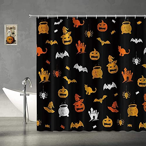 Abaysto Happy Halloween Shower Curtain for Bathroom - Cute O Lanterns, Bat and Spider in Black - Fabric Waterproof Curtain with Hooks