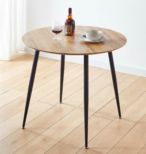 Hallowood Furniture Cullompton Small Dining Table with Oak Effect Top, 90cm | Round Table with Oak Effect Top & Black Metal Legs, 2-4 Seater Table for Dining Rooms or Cafés, Kitchen Furniture (90cm)