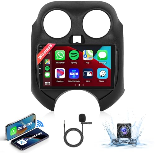 9 Autoradio 2 Din für Nissan March Micra 2010-2017 Wireless Carplay Android Auto Airplay,Podofo Android Radio Bluetooth mit Bildschirm HiFi RDS/FM WiFi GPS Navi +AHD Rückfahrkamera/2 USB