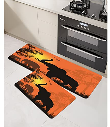 Küchenteppich Küchenläufer Küchenmatte,Tag Orange wilde Elefanten Sonnenuntergang auf Szene Wildlife afrikanischen Natur Afrika DesigDekoläufer für Küche Flur Teppich Läufer waschbar waschbare