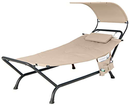 COSTWAY Outdoor Hammock with Stand and Canopy, Patio Swing Hammock Bed with Cushion, Pillow & Storage Pocket, Heavy Duty Steel Frame Hanging Chaise Lounge for Garden Lawn Poolside Camping (Beige)