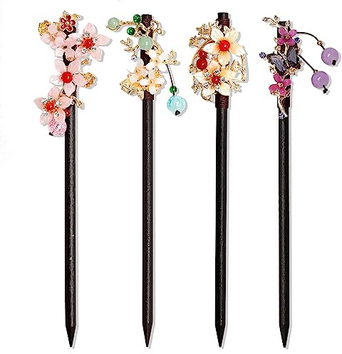 4 palillos de madera para el pelo de flores tradicionales chinas para cabello largo, palillos para mujeres y niñas, diseño clásico de flores vintage