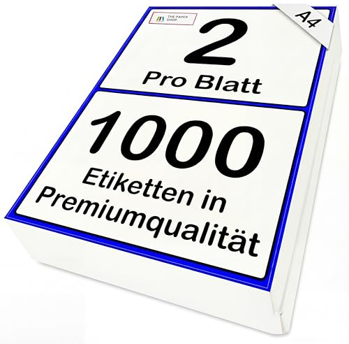 The Paper Shop Selbstklebende Etiketten A4 Doppelbogen - 2 pro Blatt Weiß (1000 Etiketten) | Großpack Adressetiketten Bedruckbar für Laser- und Tintenstrahldrucker | Versand Paket Büro