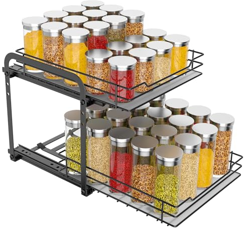 MAYZOLOP Porta Spezie Per Cucina, Nero Portaspezie Salvaspazio, Portaspezie Regolabili in Altezza Per L'interno Degli Armadietti, Organizzatore Per Armadietti Estraibili, P26.4*L23.2*H23CM