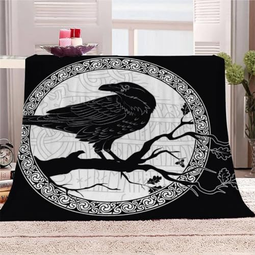AKATIE Kuscheldecke Wikingerkrähe 3D-Druck Kinder Sofadecke Flanelldecke Schwarz Couchdecke Flauschige Wohndecke 130x150 cm Reisedecke Sofaüberwurf Decke