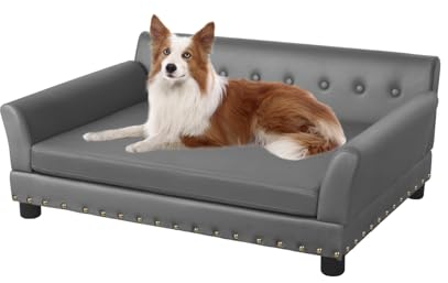 BingoPaw Luxus Hundesofa Grosse Hunde: Mordern Haustiersofa Mikrofaser Leder atmungsaktive wasserdicht Hundecouch Orthopädisches Hundesofa mit Rückenlehne und Holzbeinen, Grau XL 96x70x40cm