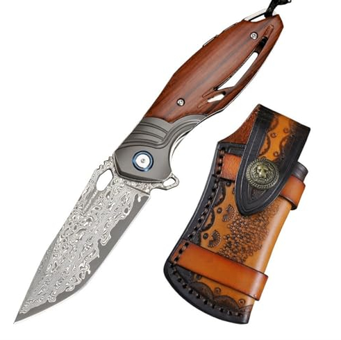 TABKER Damast Taschenmesser Einhandmesser Hochwertiges Klappmesser, Outdoor Klappmesser Edelstahl Ultrascharfes Mit Schöner Lederscheide