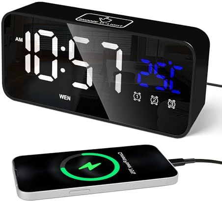 Lafocuse LED Digitaler Wecker mit Temperaturanzeige und Datum, Tischuhr mit 25 Musik, 2 USB-Ladeanschlüssen, 3 Alarmen und Wochentag, Digitaluhr Snooze, Helligkeit und Lautstärke Regelbar, Schwarz